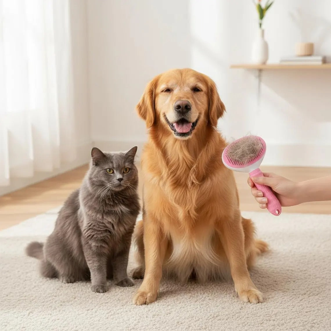 Self Cleaning Pet Brush: Dog & Cat Hair Remover, Dematting Comb