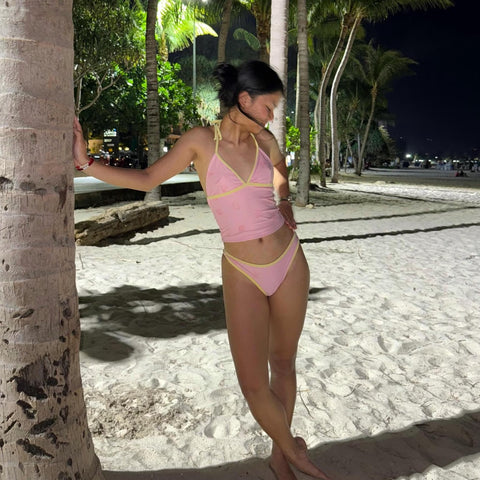 Pastel Pink Shell Bikini Top | Longline Cut, Adjustable Straps | Swimwear Women | Soft Girl Beach Swim