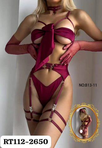 Red Satin Lingerie Set, Strappy Bridal Garter, Honeymoon Outfit