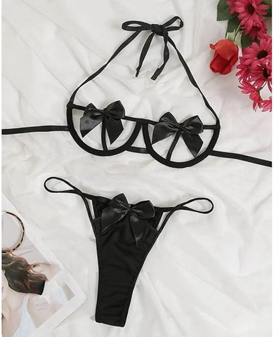 Black Strappy Bow Bra & Panty Set, Adjustable Harnesss Style, Minimal Bridal Gift for Her