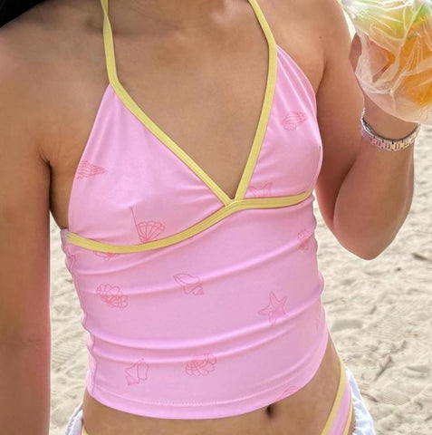 Pastel Pink Shell Bikini Top | Longline Cut, Adjustable Straps | Swimwear Women | Soft Girl Beach Swim