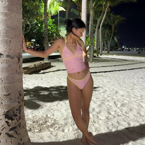 Pastel Pink Shell Bikini Top | Longline Cut, Adjustable Straps | Swimwear Women | Soft Girl Beach Swim