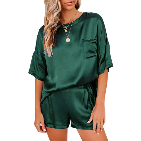 Loose Casual Solid Color Round Neck Short Sleeve Shorts Suit Women